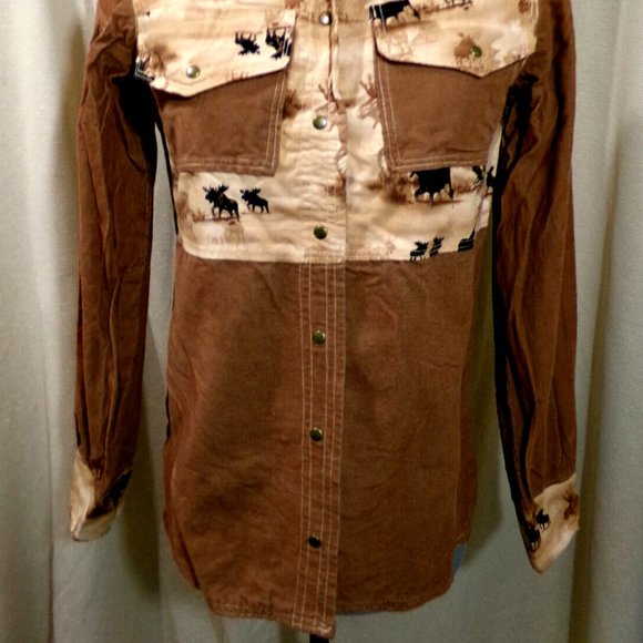 Western Snap up Shirt Jacket XS Brown Siennas Moose scene Corduroy Southwestern - Picture 3 of 7